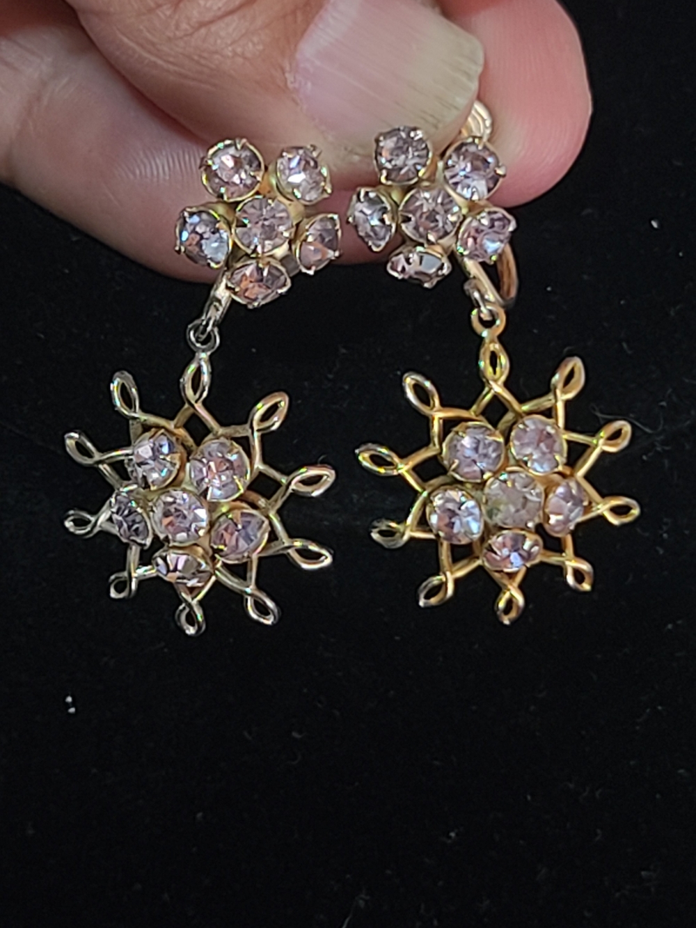 Elegant Pink Crystal Snowflake Drop Earrings - Gold Tone